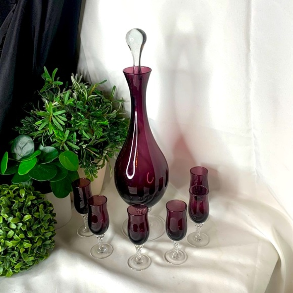 MCM Italian Empoli amethyst / plum decanter with 6 cordials glasses